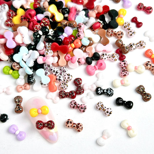 3D Mini Solid Color Tie Nail Art Decorations New Classic Leopard Pattern Bow Mixed Resin Nail Charms for DIY Earring Nails Parts Mixed 100PCS