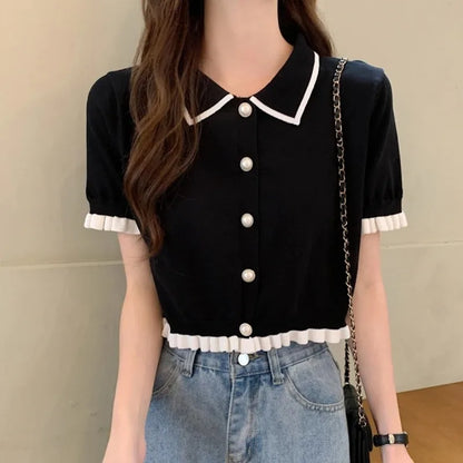 Sweet Women Shirt Korean Knitted Turn Down Collar Chic Short Sleeve Female Blouse Summer Retro Slim All Match Ladies Crop Tops black