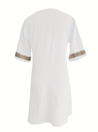 Chic Guipure Lace V-Neck Tunic Dress - Easy-Care, Knee-Length, All- Season Comfort with Stylish Hollow Details Badiee Stylez