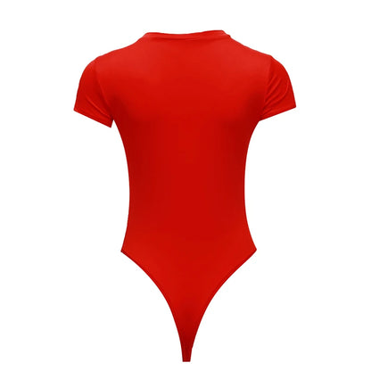Sexy One Piece Bodycon Bodysuit Short Sleeve O Neck Open Basic White Black Red Overalls Women Body Top Skinny Rompers Female