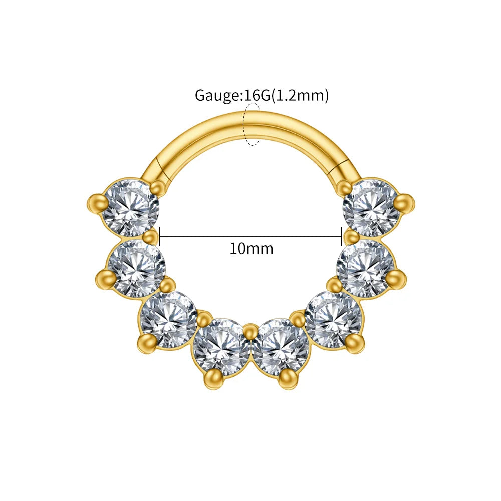 Right Grand ASTM F136 Titanium CZ Cartilage Hoop Earring 16G Septum Hoop Nose Ring Tragus Helix Daith Hinged Clicker Piercing Gold Clear 1.2x10mm