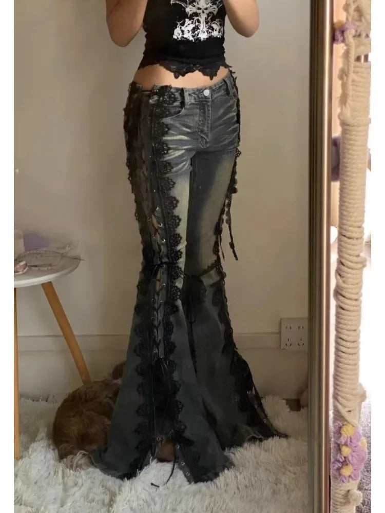 Retro Eyelets Lace Up Flare Jeans Stitch Lace Whiskers Low Rise Split Bootcut Pants Women Bell Bottoms Streetwear Y2k Aesthetic
