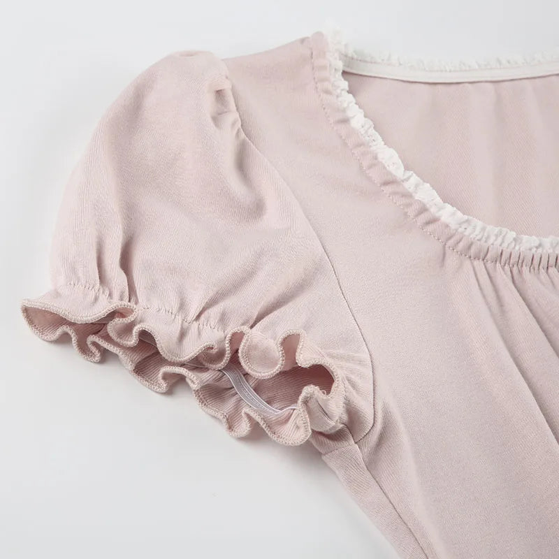 Sweet Button-up Top Women's Summer Cute Slim-fitting Contrast Lace Stitching Bow Square Collar T-shirts Y2K Korean Tees