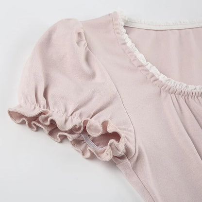 Sweet Button-up Top Women's Summer Cute Slim-fitting Contrast Lace Stitching Bow Square Collar T-shirts Y2K Korean Tees