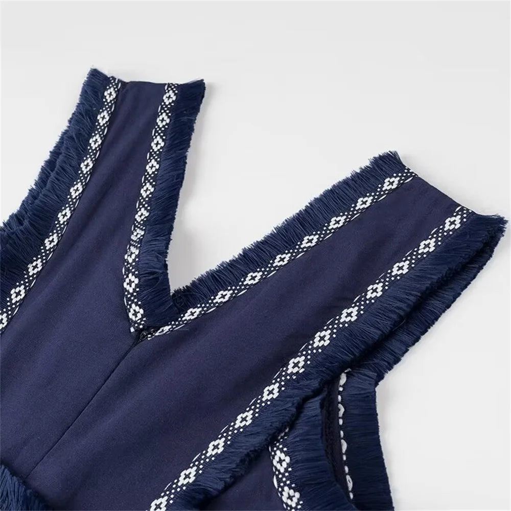 PB&ZA2024 Summer New Product: Casual Women's Fashion V-neck Sleeveless Waist Collection with Tassel Decoration Dress