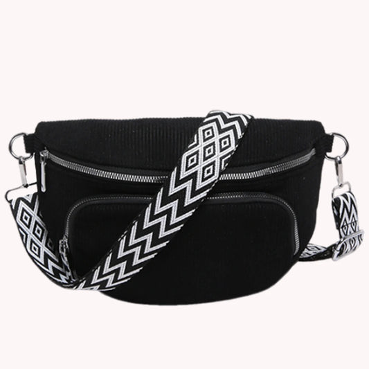 Corduroy Chest Bag Fashion Fanny Pack Wide Guitar Strap Casual Waist Bag Multi-pockets Hobo Sling Bag Outdoor Travel Bag