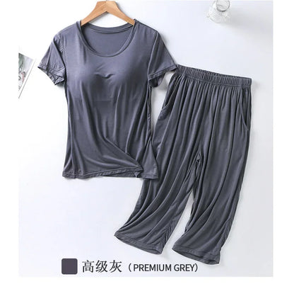 2025 summer new ladies modal pajamas two-piece suit with chest pad short-sleeved cropped trousers plus size home service set 09