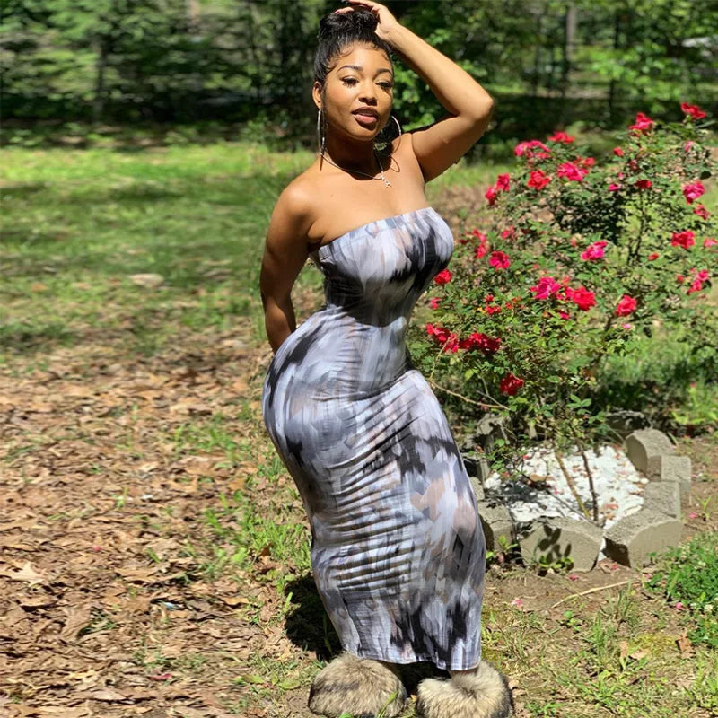 Spring And Summer Dresses For Women Chest Wrap Printed Off Shoulder Bandage Slim Sexy Long Dress 2023 New Fashion party MsChuh