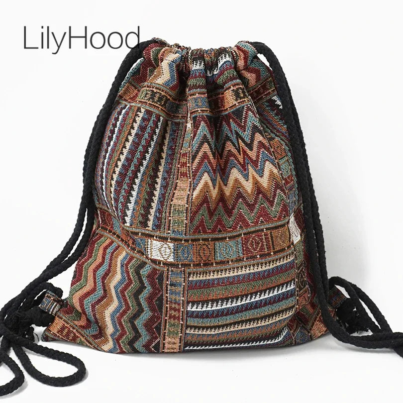 2025 Women Fabric Backpack Female Gypsy Bohemian Boho Chic Aztec Ibiza Tribal Ethnic Cottage Soft Brown Drawstring Rucksack Bags
