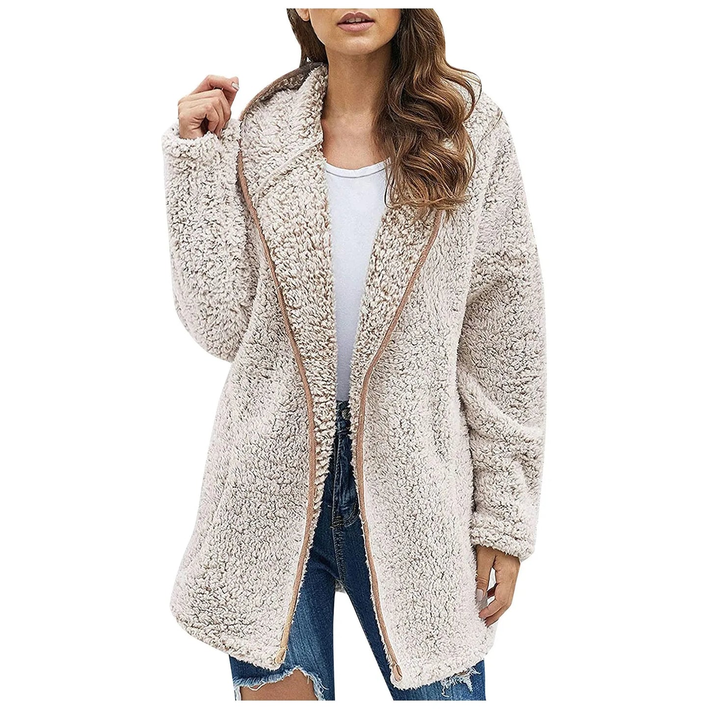 Autumn Winter Women Long Teddy Jacket Warm Thick Fleece Coat Turn Down Collar Plush Coat Woman Casual Long Sleeve Winter Clothes Light Apricot