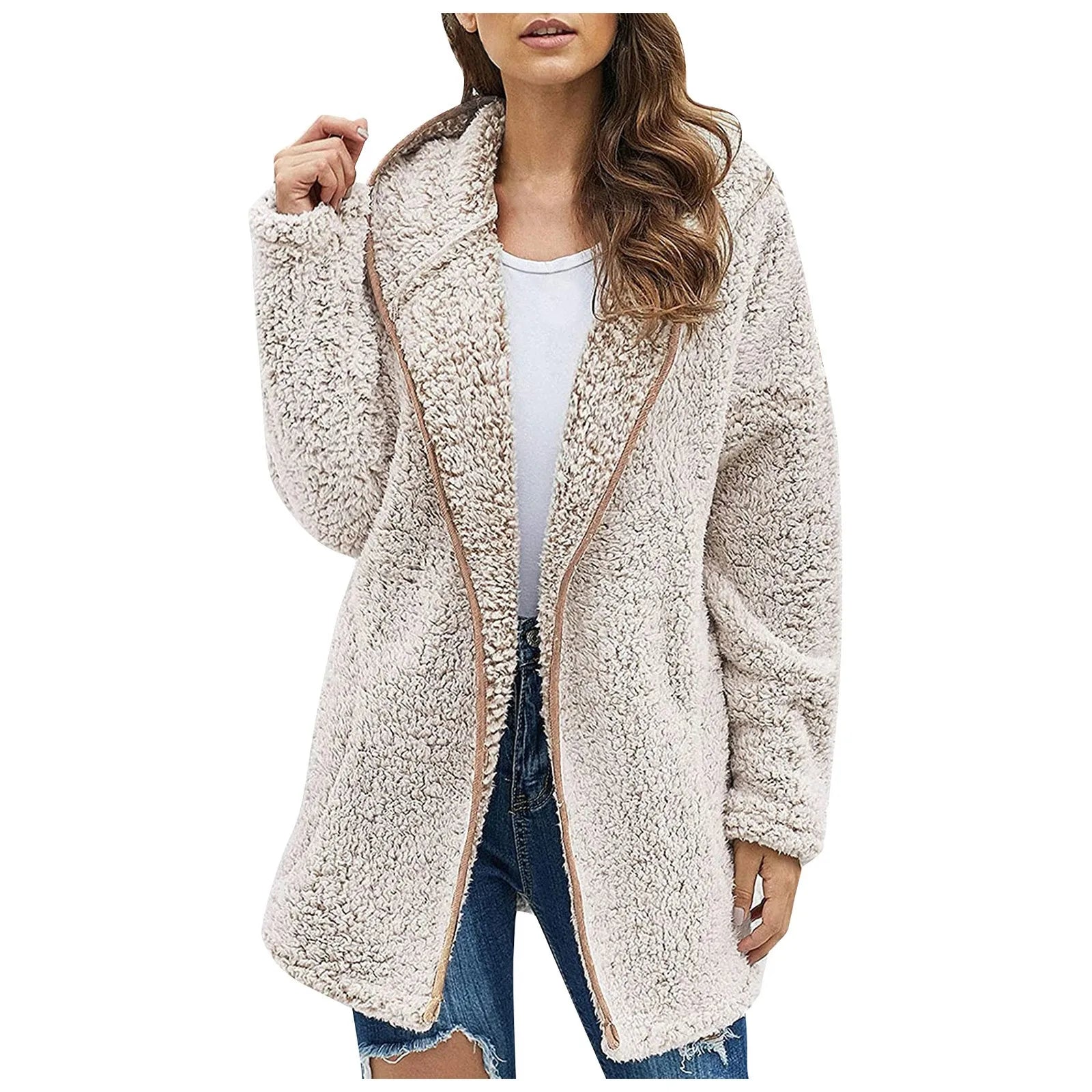 Autumn Winter Women Long Teddy Jacket Warm Thick Fleece Coat Turn Down Collar Plush Coat Woman Casual Long Sleeve Winter Clothes Light Apricot