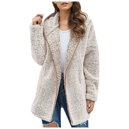 Autumn Winter Women Long Teddy Jacket Warm Thick Fleece Coat Turn Down Collar Plush Coat Woman Casual Long Sleeve Winter Clothes Light Apricot