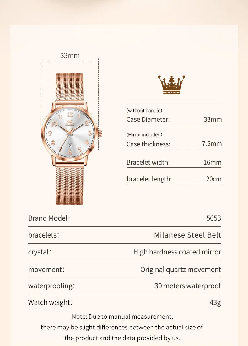 OLEVS New 5653 Woman Watch Elegant Rose Gold Mesh Steel Strap Ladies Watches Digital Dial Simple Fashion Quartz Watch for Women