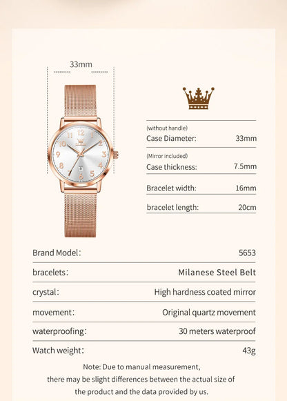 OLEVS New 5653 Woman Watch Elegant Rose Gold Mesh Steel Strap Ladies Watches Digital Dial Simple Fashion Quartz Watch for Women
