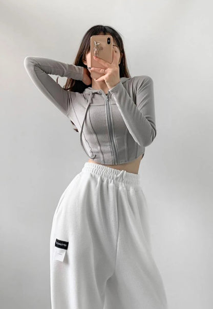 Thin Hooded Cardigan Women Korean Vintage Slim Summer Solid Sports Jacket Vertical Pit Stripe Zipper Female Sexy Cropped Tops