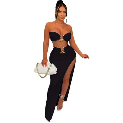Customized Sexy Strapless Hollow Out Women Dress White Sleeveless High Slit Dress Female Autumn Skinny Elegant Party Clubwear 20 black
