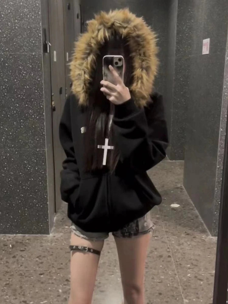 Korean Fashion Sweatshirts Harajuku Gothic Printed Coats Jackets Subculture Vintage Faux Fur Hooded Women Casual Y2k Clothing 3051 Black
