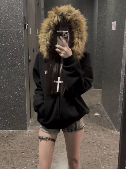 Korean Fashion Sweatshirts Harajuku Gothic Printed Coats Jackets Subculture Vintage Faux Fur Hooded Women Casual Y2k Clothing 3051 Black