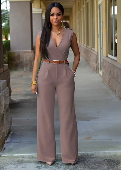 Business Formal Jumpsuit Work Wear Women Romper Elegant Long Deep V Neck Sleeveless High Waist Wrap Jumpsuits Fashion Streetwear Badiee Stylez