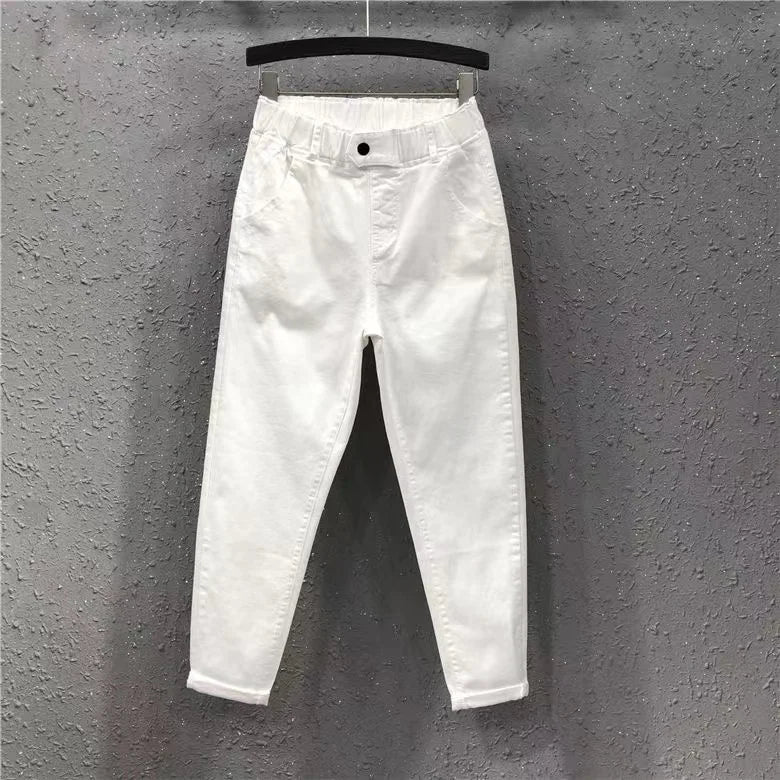 New Spring Summer Women Casual Harem Pants All-matched Casual Cotton Denim Pants Elastic Waist Solid Yellow White Jeans Female