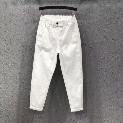 New Spring Summer Women Casual Harem Pants All-matched Casual Cotton Denim Pants Elastic Waist Solid Yellow White Jeans Female