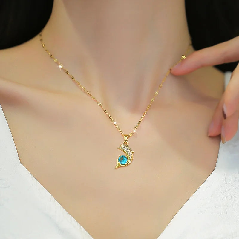 Trendy Square Stainless Steel Green Zirconia Pendant Necklaces For Women Girls Gold Color Metal Round Drop Jewelry Birthday Badiee Stylez