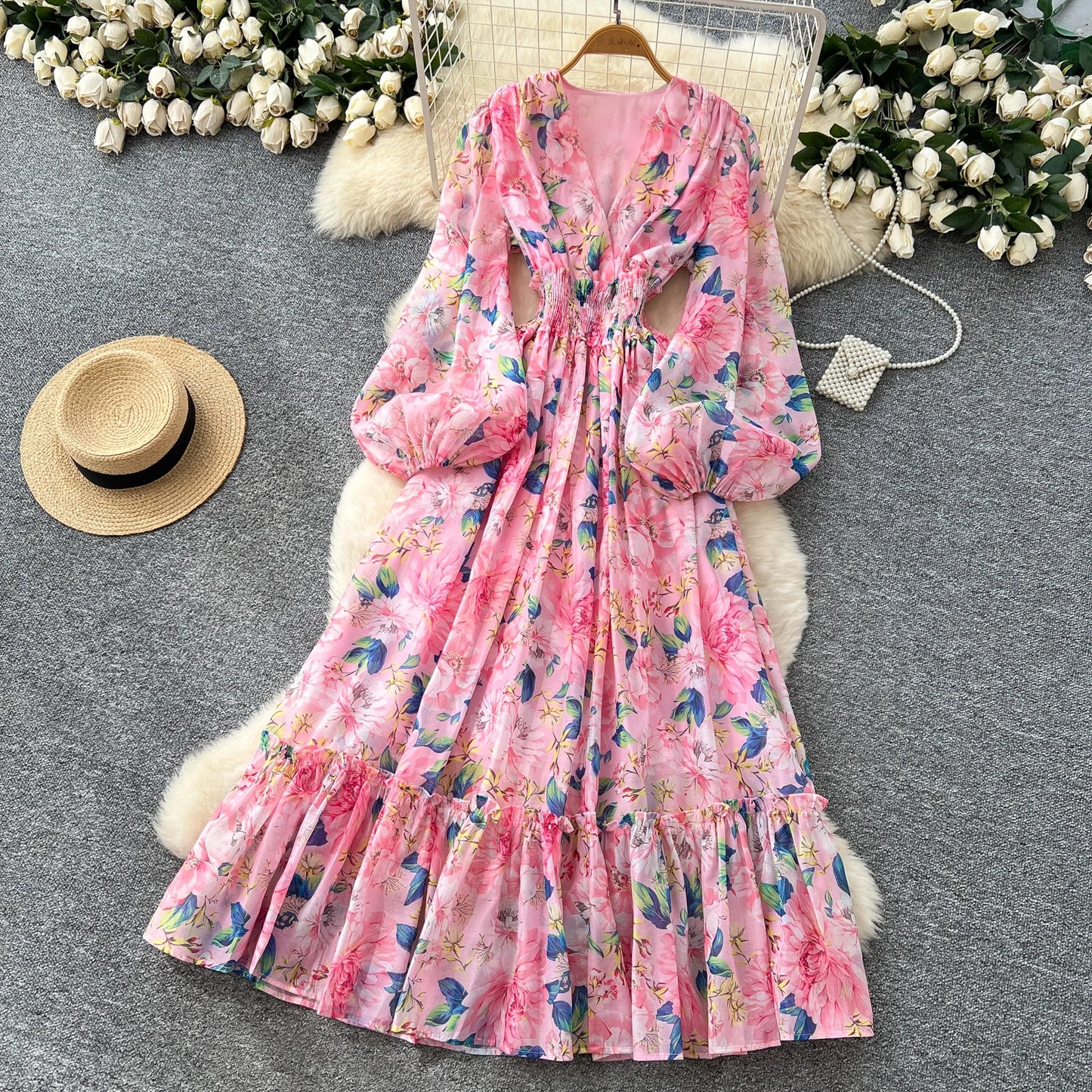 Chic vintage long sleeve lantern sleeve V-neck print pleated Elegant Fairy korean dress women clothing Long dress