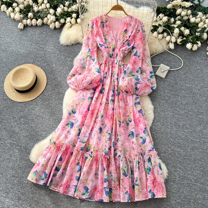Chic vintage long sleeve lantern sleeve V-neck print pleated Elegant Fairy korean dress women clothing Long dress