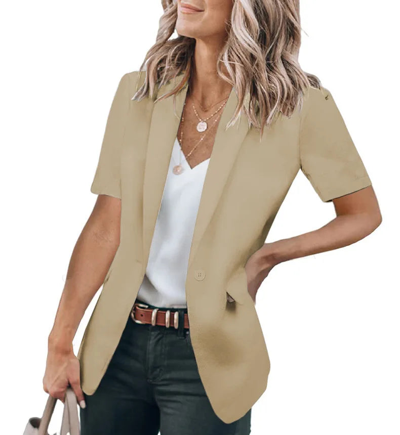 Summer women's temperament, fashionable and loose fitting small suit, European and American solid color suit collar, short sleev Khaki