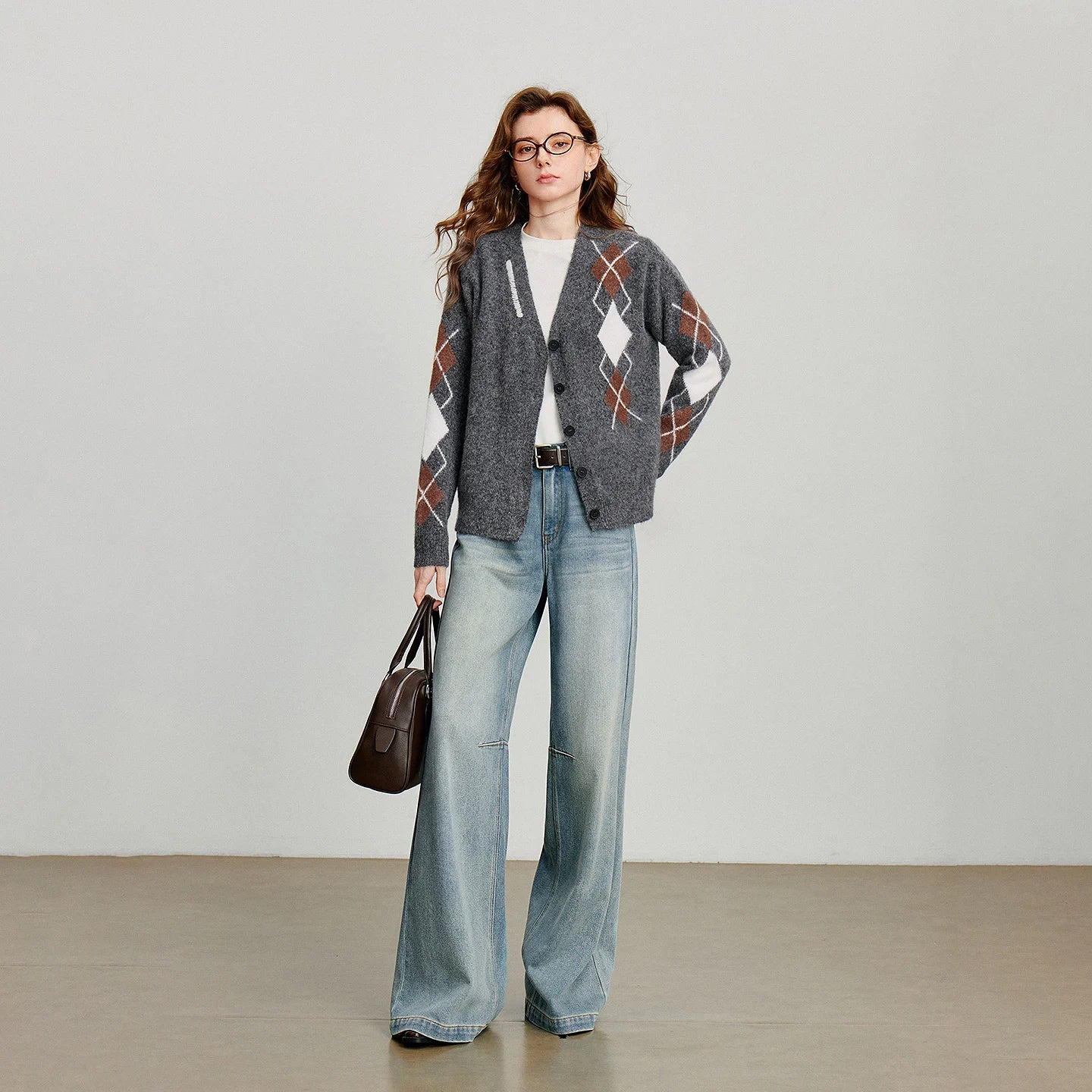 TOYOUTH Women Knitted Sweater 2025 Autumn New Grid Pattern V Neck Single Breasted Button Knitted Cardigan Coat Gray