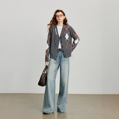 TOYOUTH Women Knitted Sweater 2025 Autumn New Grid Pattern V Neck Single Breasted Button Knitted Cardigan Coat Gray