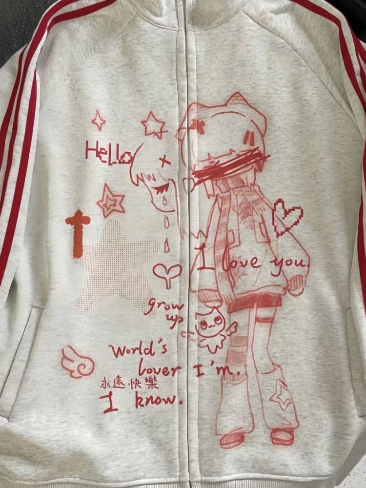 Japanese Y2k Aesthetic Stand Neck Sweatshirts Cute Kawaii Striped Anime Hoodie Harajuku Jk Casual Streetwear Loose Hoodies Women