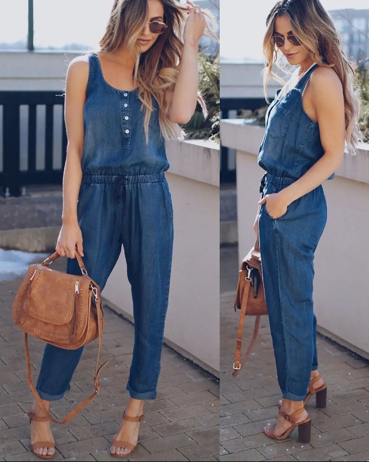 Summer Fashion Jumpsuit for Women Romper Overalls Single-breasted Casual Denim Trousers Sleeveless Ankle Pants Loose Jumpsuits Badiee Stylez