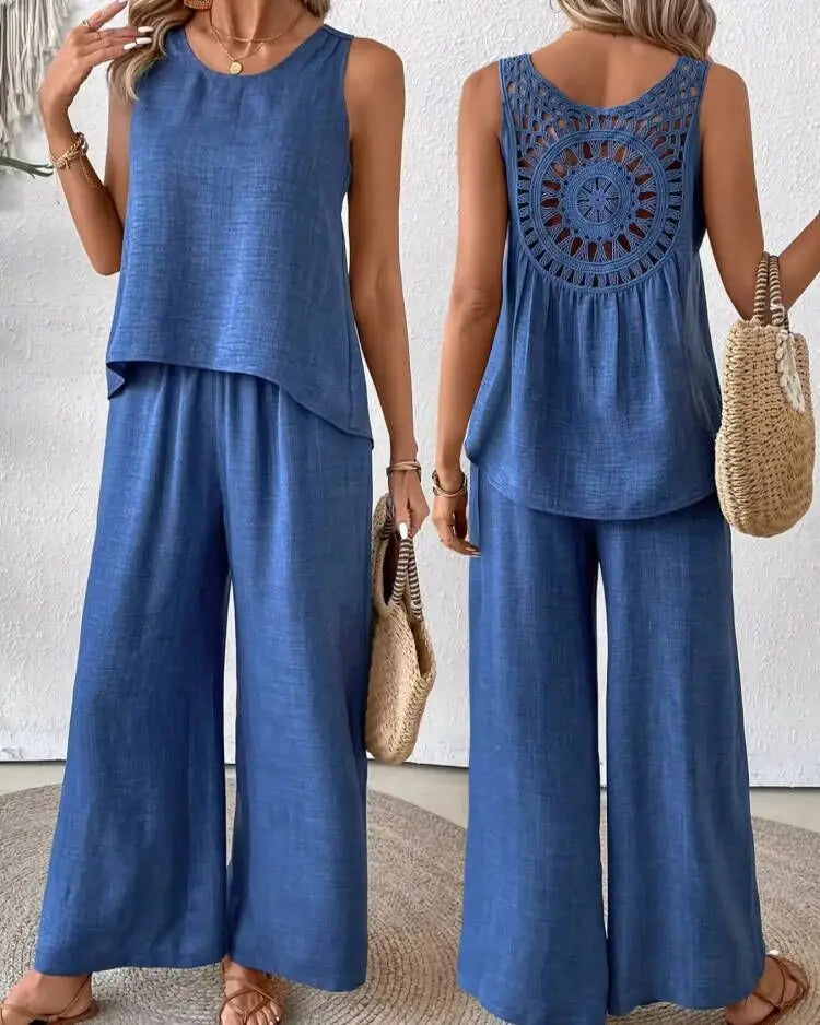 Hollow Out 2 Piece Sets Women Lace Sleeveless Top Wide Leg Pants Set Solid Color New Matching Sets 2 Piece Sets Women New 2024