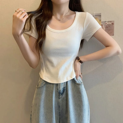 Y2K T-shirt Women V-neck Irregular Short Sleeve Crop Top New Korean Fashion Slim High Waist Solid Tee Shirt Woman Sexy Clothes