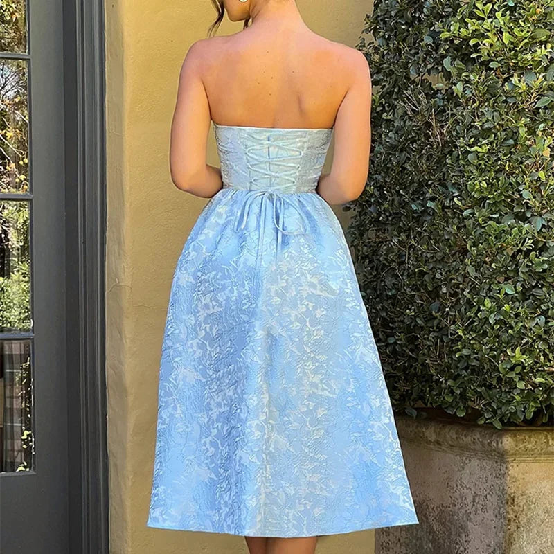 Strapless Backless Bodycon Sexy Dress Women  Elegant Evening Party Dress Jacquard Satin Long Summer Dress Vestidos Badiee Stylez