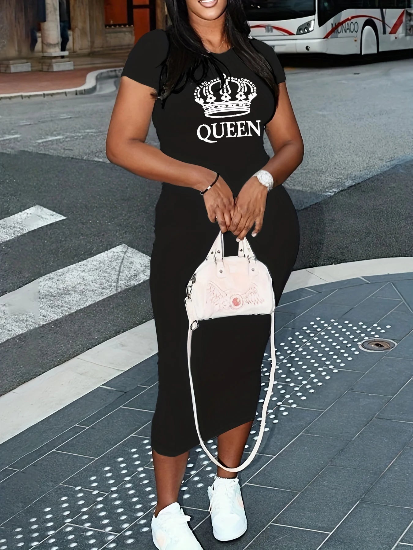 Summer black sexy dress women's classic QUEEN print casual slim fit short sleeved round neck T-shirt and nude long skirt