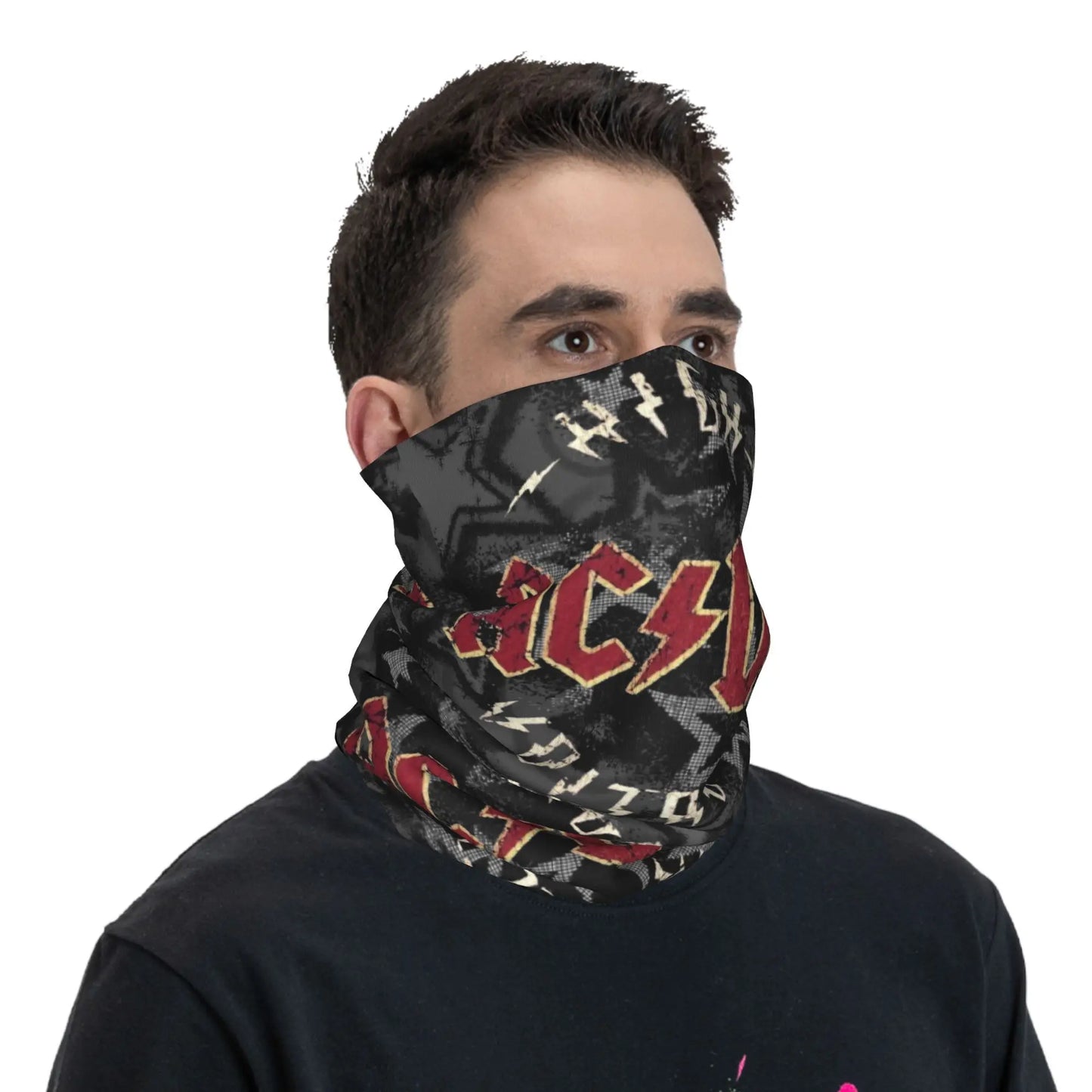 Custom Black AC DC Logo Camouflage Heavy Metal Band Bandana Neck Warmer Women Men Winter Hiking Ski Scarf Gaiter Face Cover