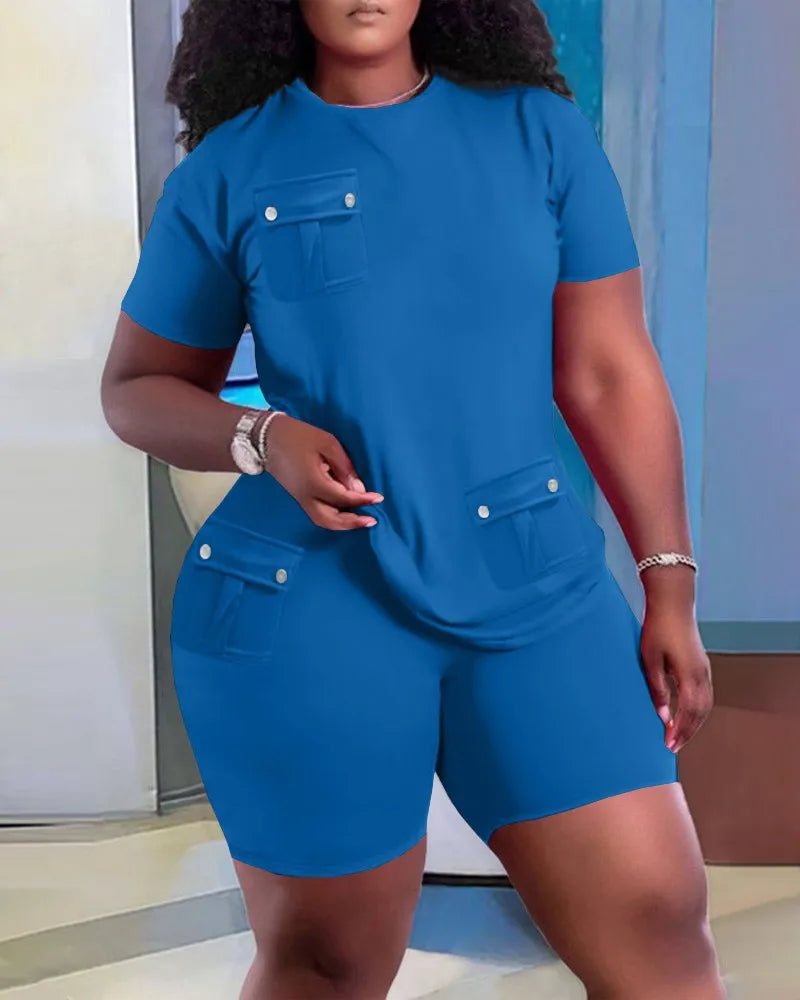 Women Two Piece Shorts Sets Solid Round Neck T Shirts Pockets Elastic Waist Short Trousers Suits Leisure Ladies 2025 Summer