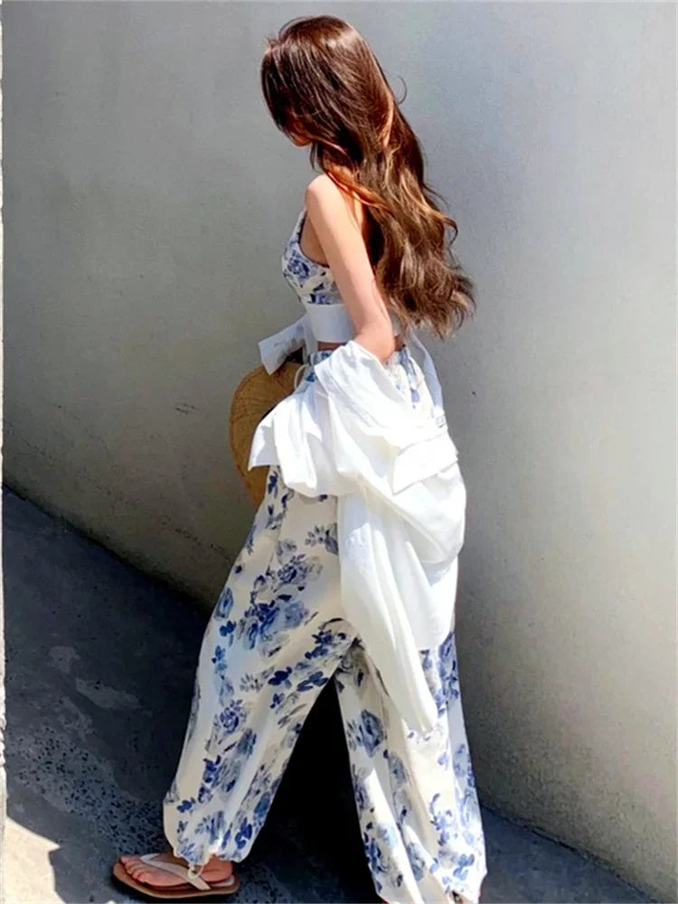 Women Floral 2 Piece Pant Sets Sleeveless Camisole Tops + Elastic Waist Loose Long Pants Outfits Summer Casual Streetwear