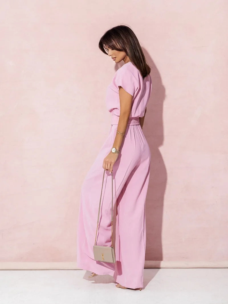 Women's Spring&Summer S-2XL size Women's Fashion V-neck Short Sleeve Jumpsuit Ladies Casual Belt Solid Color Jumpsuit