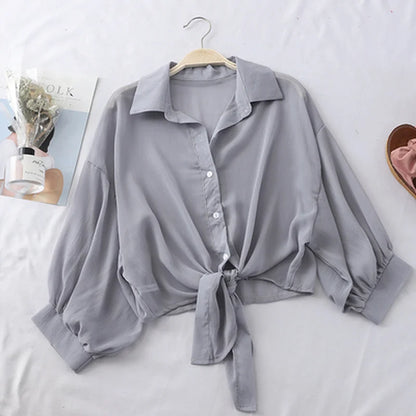2023 Summer Half Sleeve Buttoned Up Shirt Loose Casual Blouse Chiffon Shirts Women Tied Waist Elegant Blouses for Women 9776 Light Grey