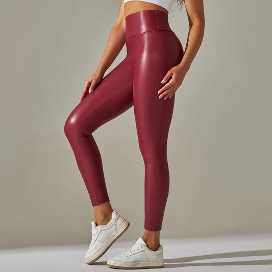 New PU Leather Pants for WOMEN'S Colorful High Waisted Tight Fitting Slimming and Yoga Leggings for External Wear