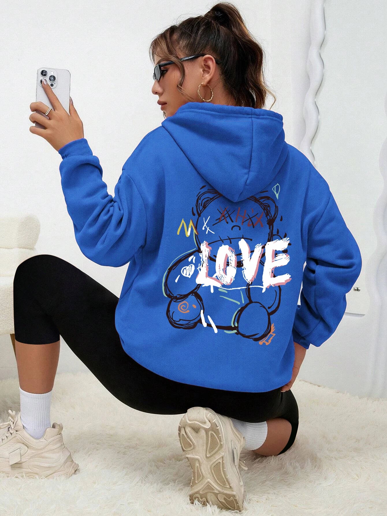 Graffiti Line Bear Simple Print Female Hoody Harajuku S-Xxl Sweatshirt Fashion Casual Street Hooded Autumn Warm Streetwear Women Blue