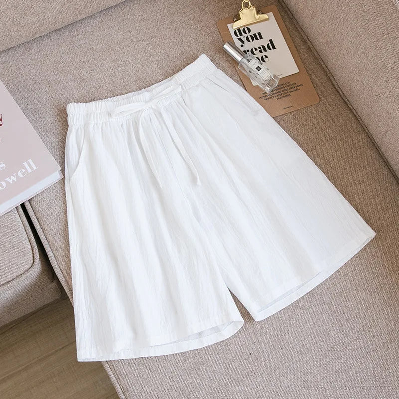 2024 Women Cotton Shorts,Summer Casual Solid Two Pockets shorts high waist loose shorts for girls Soft Cool female shorts White