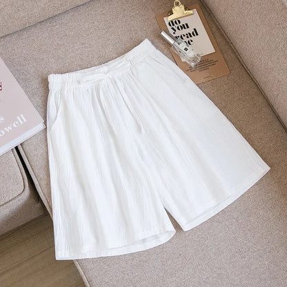 2024 Women Cotton Shorts,Summer Casual Solid Two Pockets shorts high waist loose shorts for girls Soft Cool female shorts White