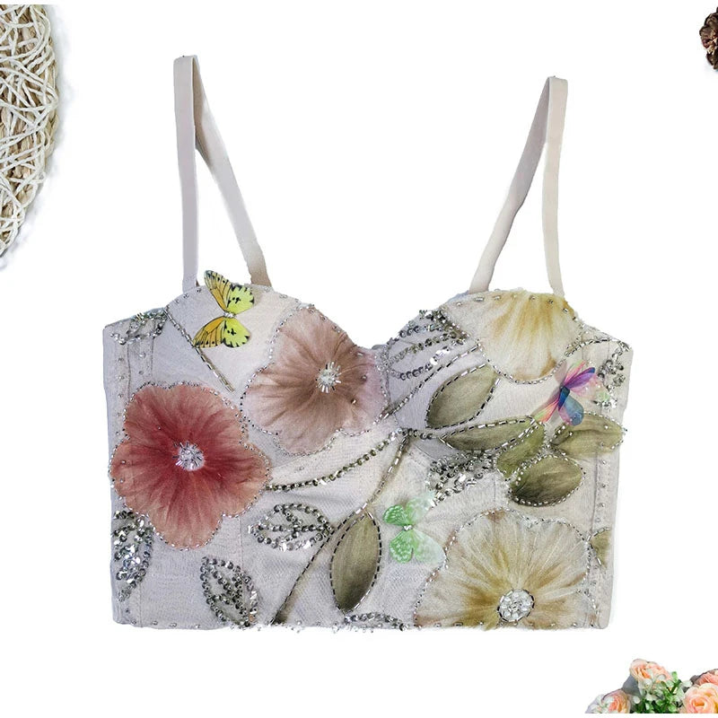 Flower Embroidery Bead Fish Bone Suspender Women Bra Sexy Exposed Waist Metal Buckle Top Party Vacation Female Tops 2025 Summer
