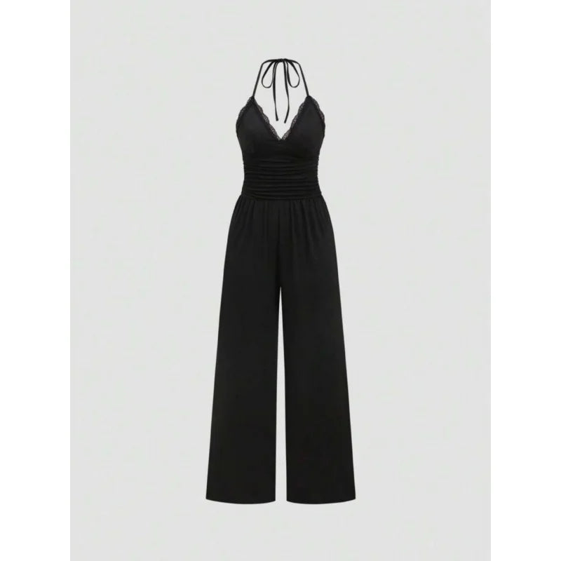 Women Summer Elegant Black High-Waist Knitted Suspender Jumpsuit Backless Women's Loose Wide-Leg Pants European Style Jumpsuit Badiee Stylez