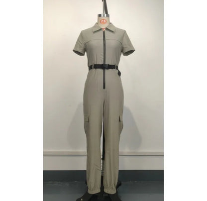 Sexy Women's Jumpsuit 2024 Summer New Fashion Zipper Workwear Short Sleeved Lapel Multi Pocket Waistband Bodysuit Pants Female