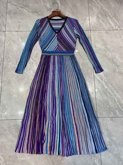 QMQA Fashion Women's Gradient Stripes Design Dresses V Neck High Waist Long Sleeve Elegant Party Dress Female Spring New 1A116 Badiee Stylez